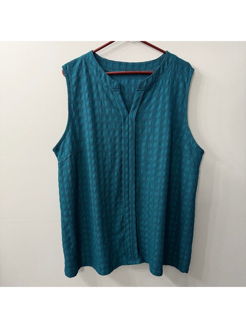 Women’s Sleeveless Teal V Neck Textured Stretchy Blouse 4XL